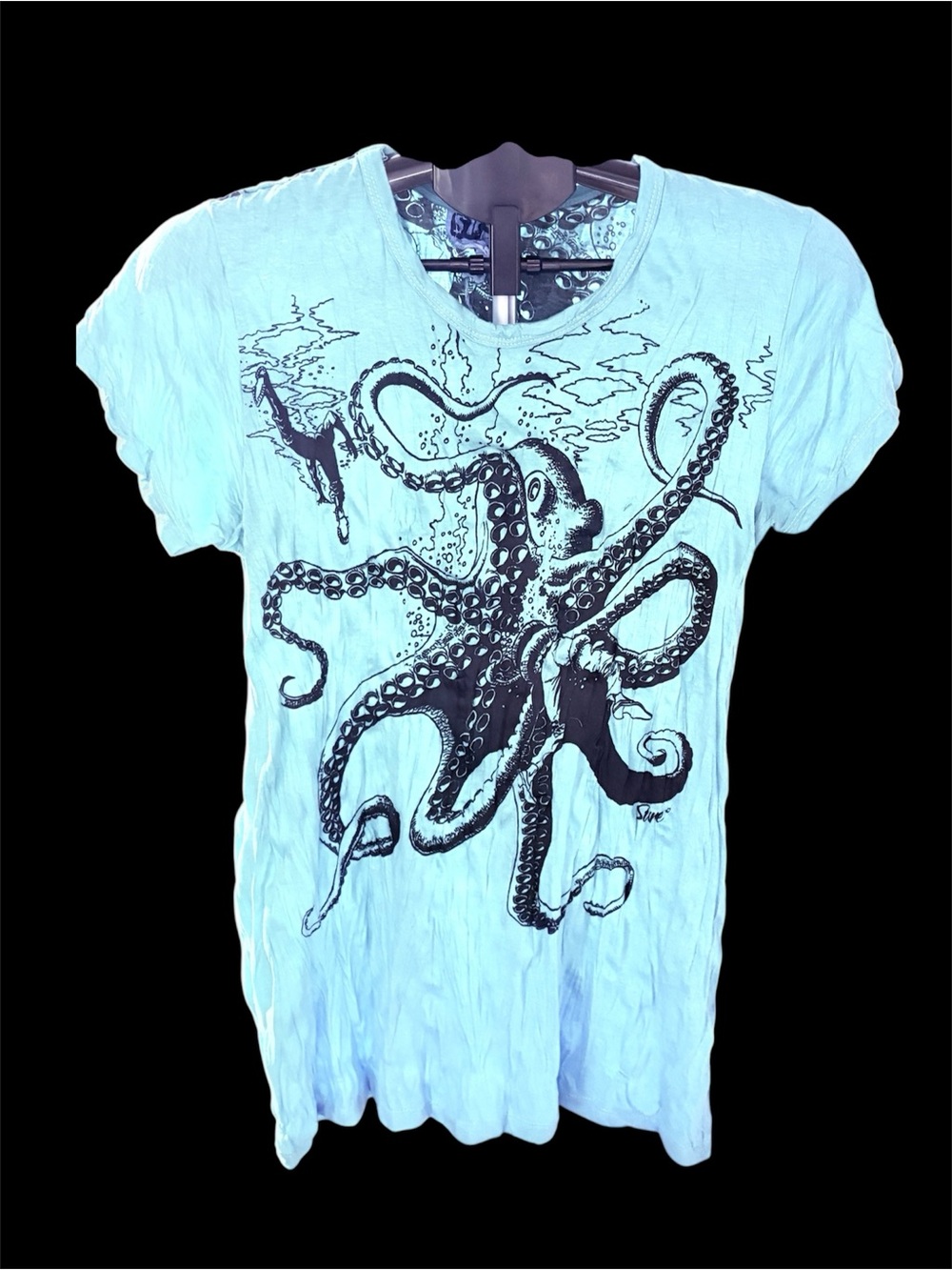 Light Teal Blue Graphic Tee with Black Print, XL